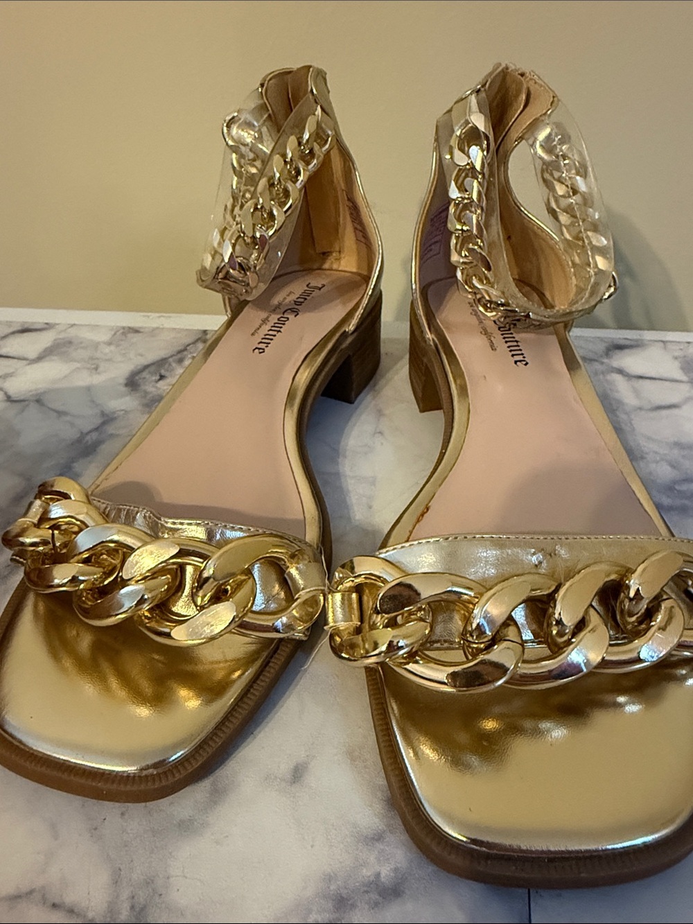Juicy Couture Gold Chain Block Heel Sandals